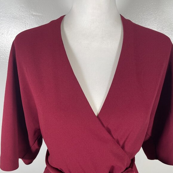 Trina Turk Wrap Top Womens Size 4 Maroon Tie Waist Long Sleeve V Neck Back Zip - Picture 3 of 15